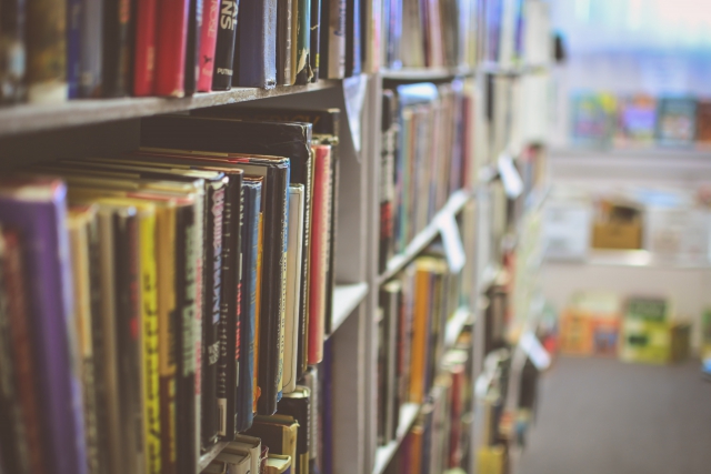 A row of library books